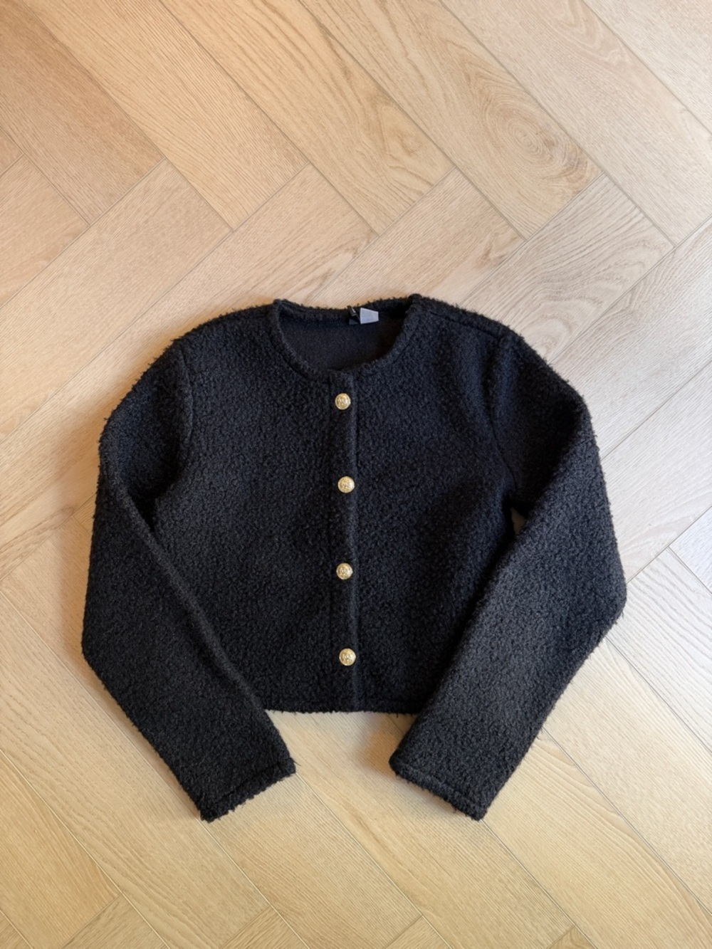 Divided Black Fuzzy Cropped Cardigan with Gold Buttons